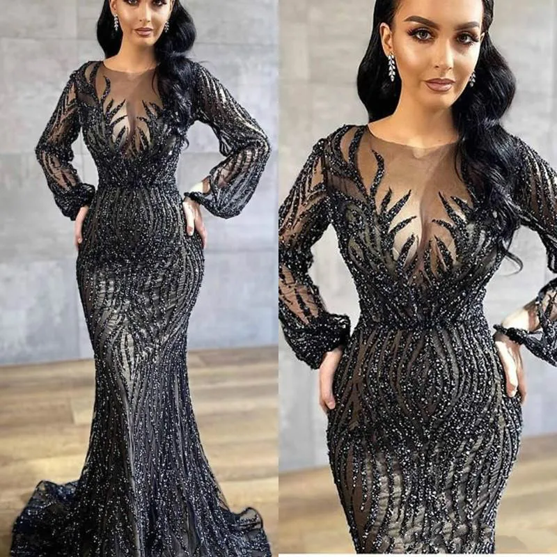 2020 Black Luxurious Long Sleeves Mermaid Prom Dresses Muslim Vestidos De Noiva Backless Rhinestones Crystal Evening Gowns