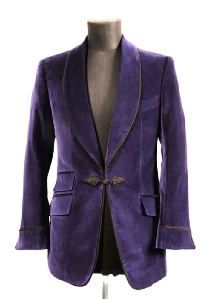 

2Pcs Men Suit Casual Purple Velveteen Man Blazer Trouser Mens Coat Costume Wedding Groom Tuxedos Male Suits Jacket+Black Pants