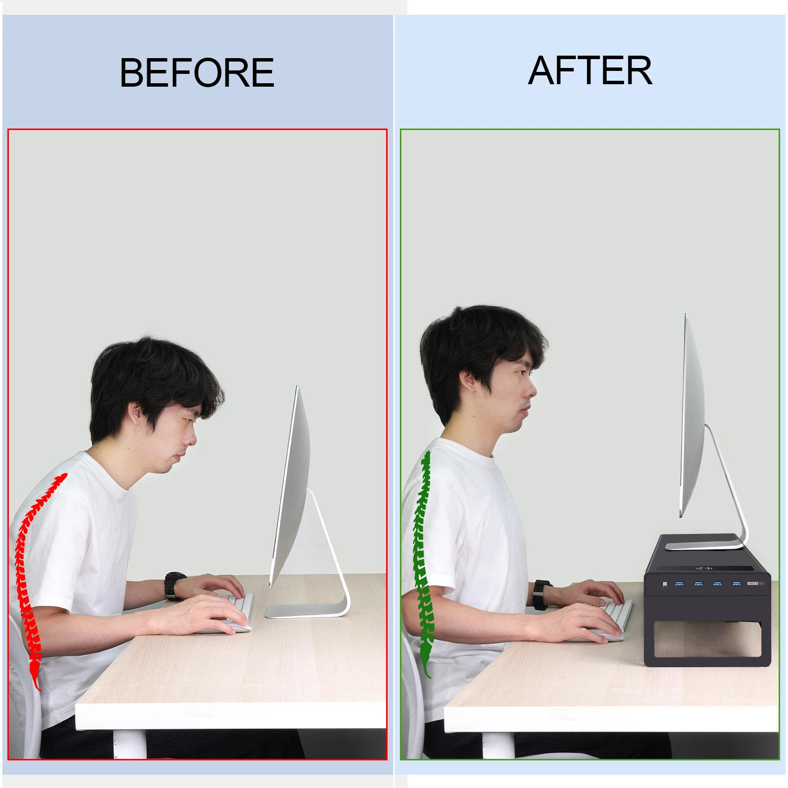 Supporto per Monitor doppio a 2 livelli Riser per Monitor in alluminio con ricarica Wireless e 4 porte Hub USB 3.0 per PC Computer TV salvaspazio