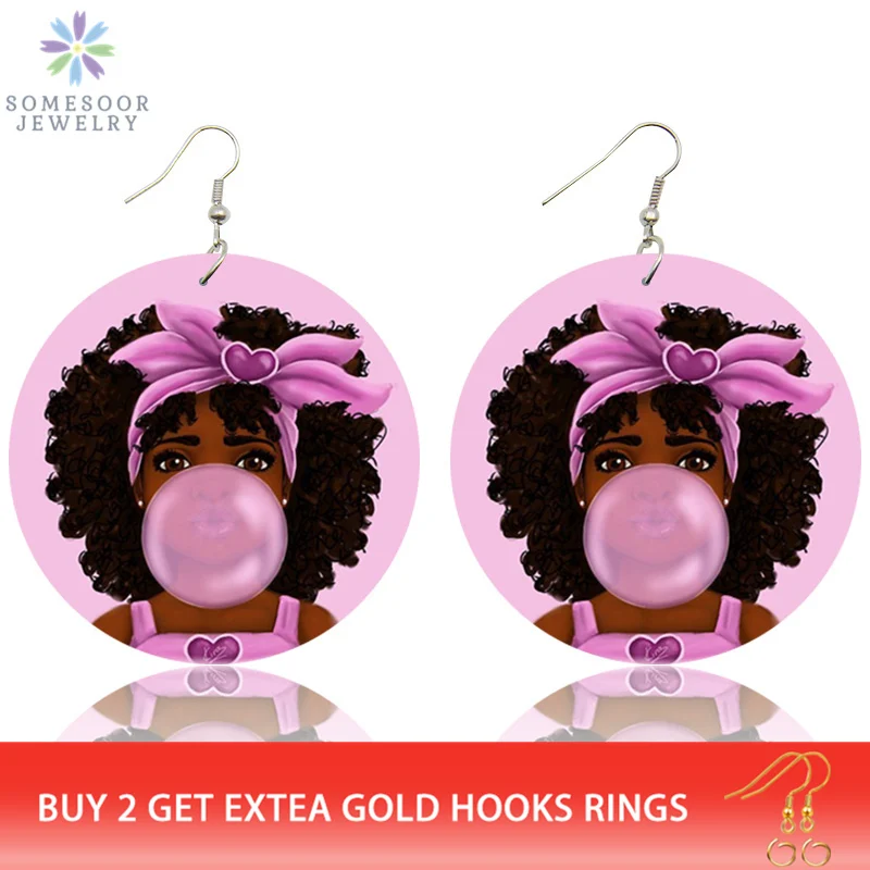 SOMESOOR Lovely Pink Afro Girl Bubble Gum Wooden Drop Earrings African Black Natural Hair Hiphop Dangle Jewelry For Women Gifts