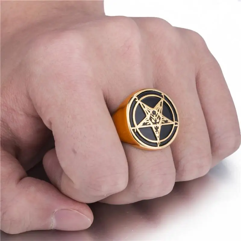 Elfasio Mens Gold Plated Satanic Baphomet Goat Pentagram Devil Stainless Steel Ring Vintage Symbol Jewelry Size 7-15