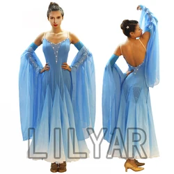 Vestido de dança de salão para crianças e adultos saia padrão vestido de competição traje de performance strass brilhante azul, personalizado