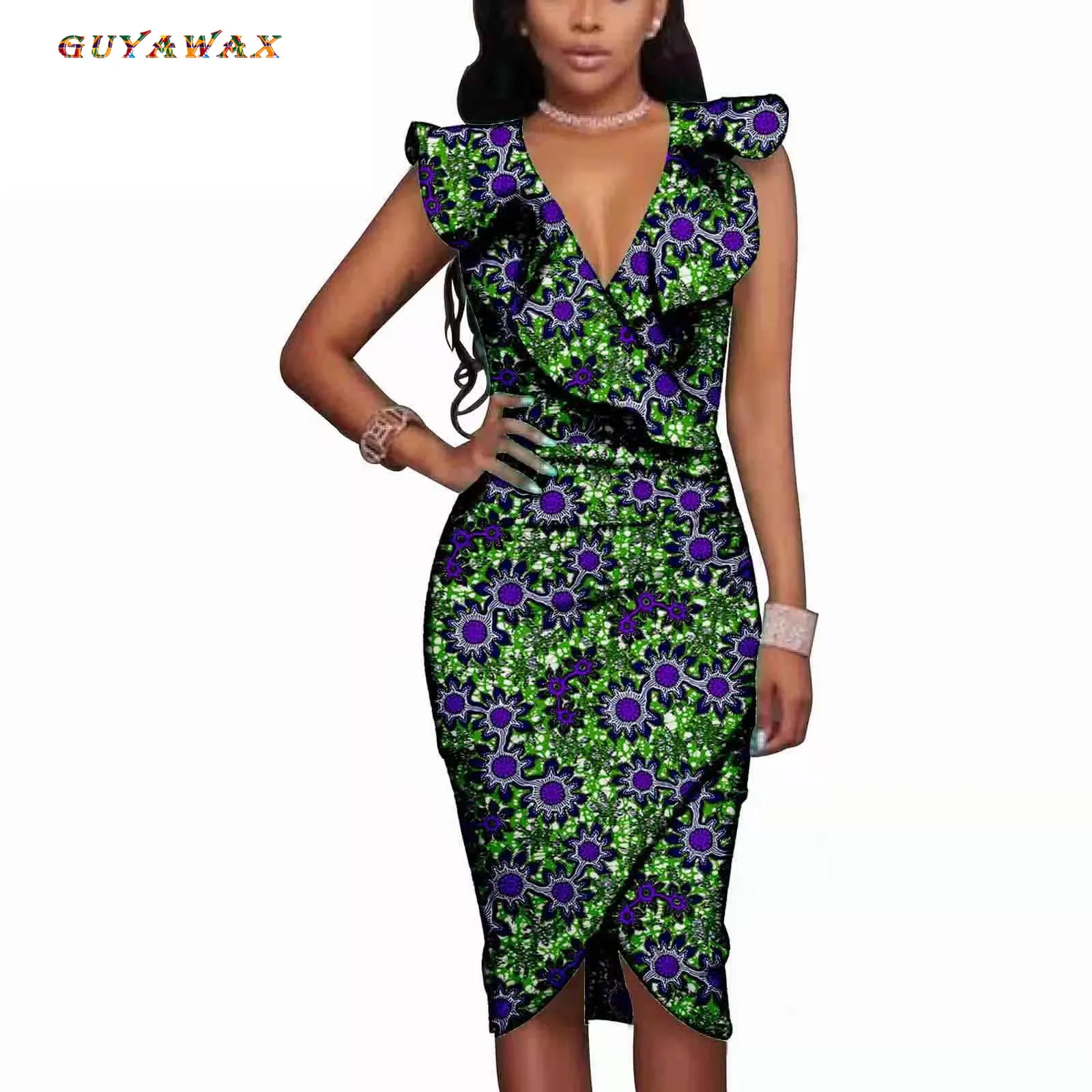 Women Elegant Bodycon Dresses V Neck Ankara 100% Cotton High Waist Office Ladies Work Wear Package Hip African Fashion Spring