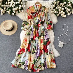 Elegant Women's Summer Floral Chiffon Green Dress Ladies Long Sleeve Bowknot Mixi Dress Robe Plus Size Female Vestidos