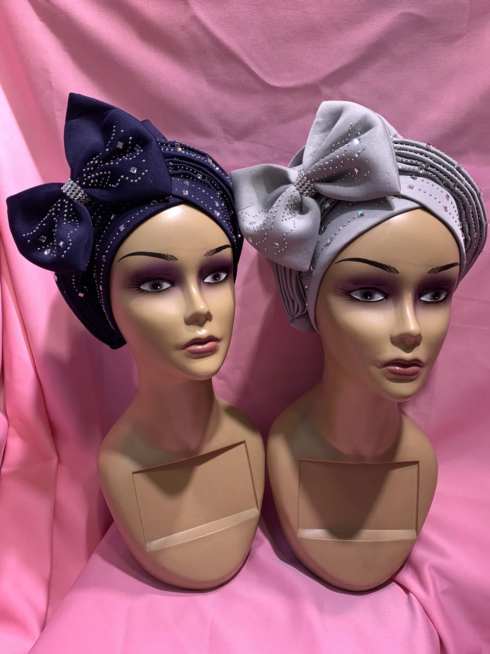 Newest Already Made Turban Caps With Bowknot Beads African Gele Headtie Turban Ladies Hat Auto Cap Headtie High Grade 12pcs/pack