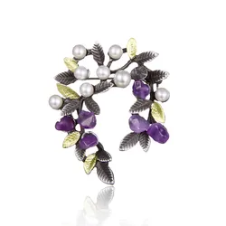 Purple Natural Stone Tree Leaf Brooches Pin Fashion Imitation Pearl Gravel Branch Women Lapel Badge Wedding Accessories Jewelry