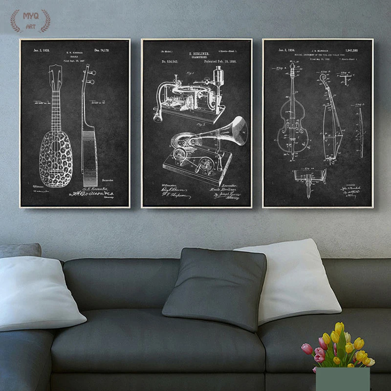 Electric Guitar Sax Musical Instruments Poster Canvas Painting Picture Sketch Cutaway View Print Black and White Home Wall Decor