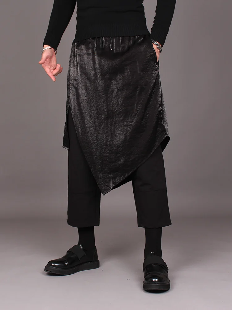 

Men's Irregular Trouser Skirt Autumn Winter New Brunet Asymmetric False Two Layer Design Nine Points Straight Pants