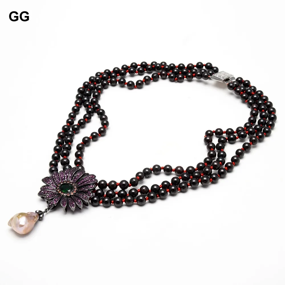 

GuaiGuai Jewelry 19" 3 Rows Natural Garnet Necklace White Keshi Pearl CZ Flower Pendant For Women