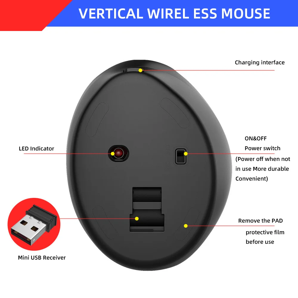 UTHAI DB40 Nuovo mouse wireless 2.4G Mouse verticale Mouse ergonomico a 7 pulsanti 2400 dpi Batteria incorporata