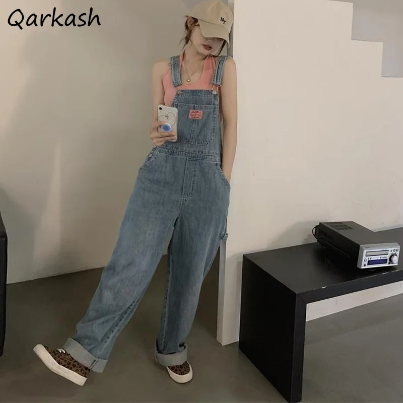 Retro Jumpsuits Women Denim Blue Loose Boyfriend Teenagers Letter Classic Soft High Quality Mopping Hipster Females Korean Style