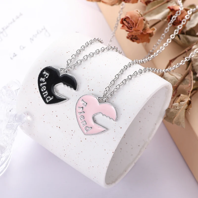 Hot Couple Pink Blue Heart Broken Best Friends Necklace Pendant Chain BFF Friendship Cute Jewelry Gifts For Kids 2PCS/Set