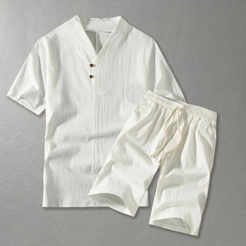 Chándal de talla grande para hombre, Camiseta corta de lino, traje de verano de 160kg, 5XL, conjunto de algodón para marido