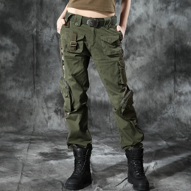 Women Military Cargo Pants Multi Pockets Army Style Women Cotton Armygreen Tactical Pants Zippered Leg Opening Camouflage Pants