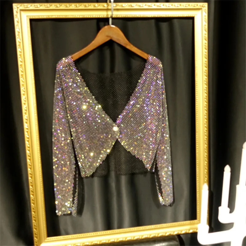 New Disco Sexy Light Diamond Crystal Mesh Shirt Top Bling Temperament Full Rhinestone Outer Wear Causla Cropped Cardigan