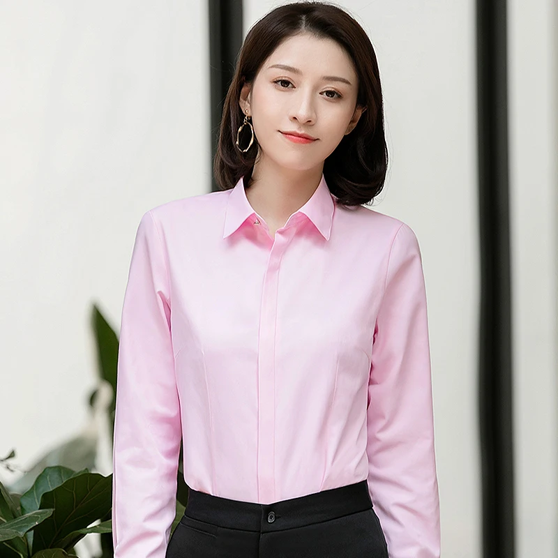 Women Basic Long sleeve Concealed Button Placket Dress Shirts Ladies Office Formal Slim-fit Blouses Tops Blusa Social Work Shirt