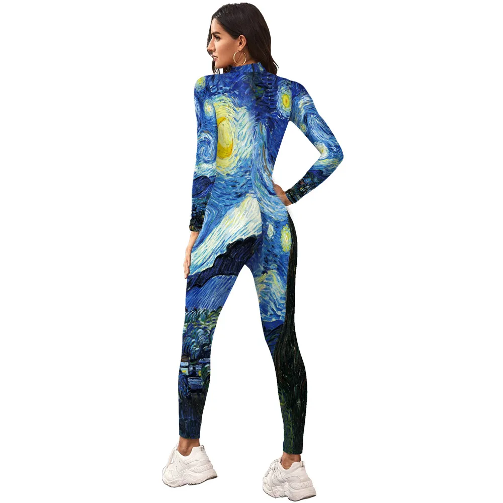 FCCEXIO Women's Tight Jumpsuits Van Gogh Star and Moon Night Paintings Cosplay Costumes Long Sleeve Catsuits Fashion Bodysuits