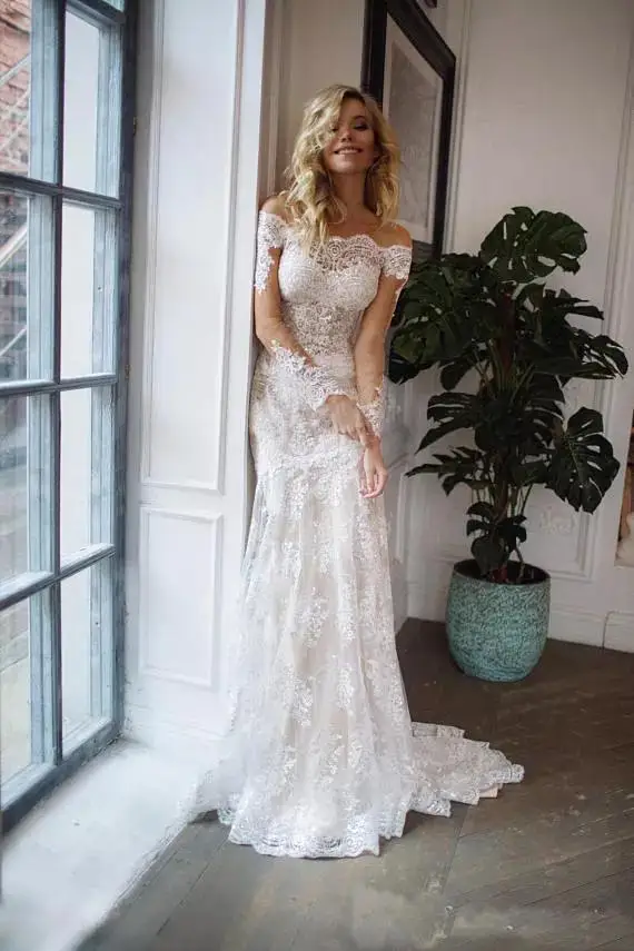 2019 abnehmbare Zug Spitze Brautkleider Mermaid Off Schulter Lange Hülse Plus Größe Boho Brautkleider vestidos de noiva