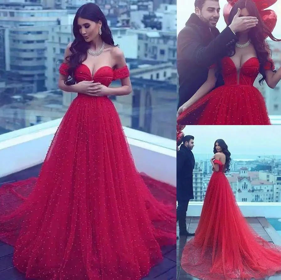 Longo baile de formatura a linha fora do ombro vermelho miçangas vestidos de baile pérolas cristais arábia saudita vestidos de noite