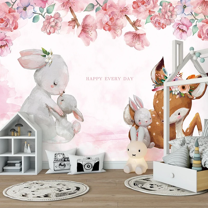 Custom Living Room Children Room Animal Photo Wall Decoration Painting Cartoon Floral  Rabbit Mural Wallpaper For Kids Room