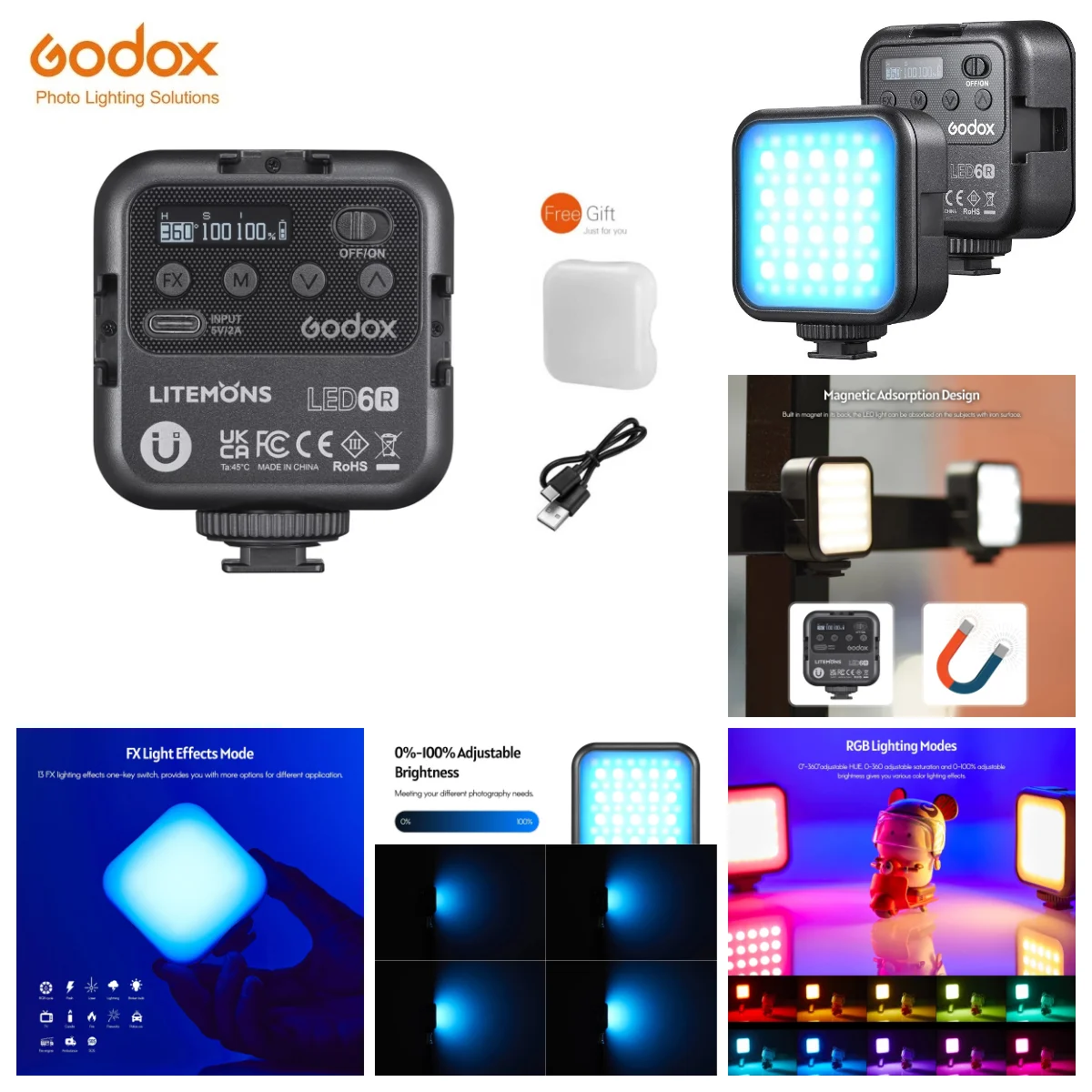 Godox LITEMONS LED6R RGB LED Video Light Rechargeable 13 Lighting Effects Magnetic Adsorption with 3 Shoe Mounts for Vlog Live