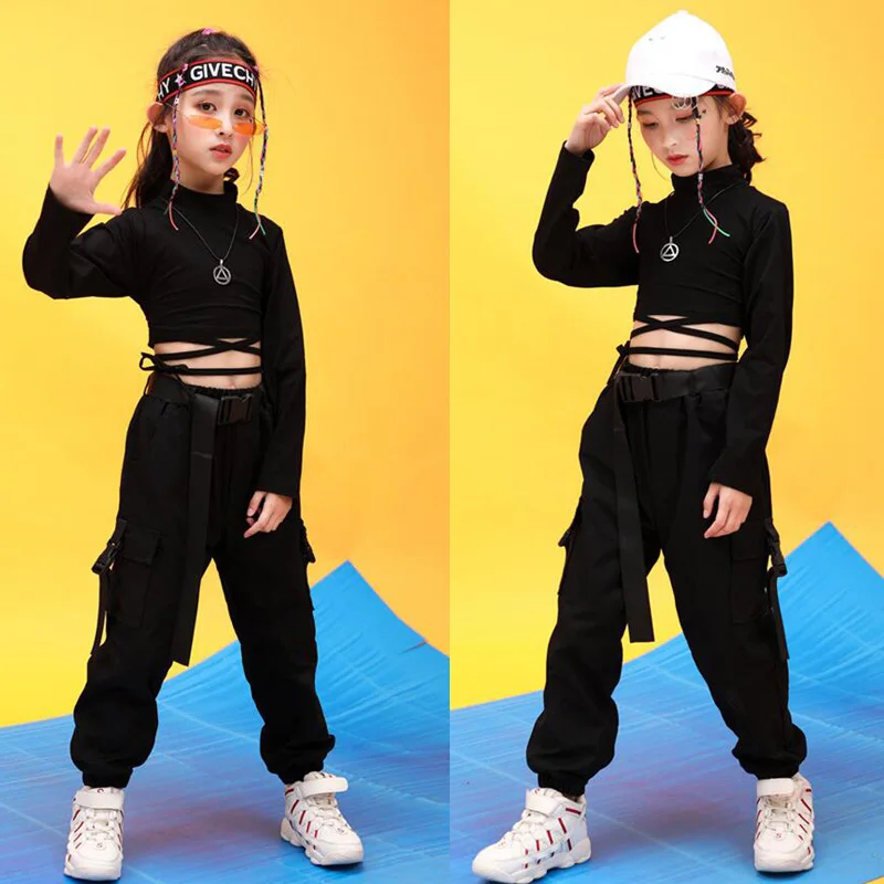 Children Hip Hop Clothing Sweatshirt Black Shirt Top Crop Casual Pants for Girl Jazz Dance Costume Ballroom Dancing Clothes Wear