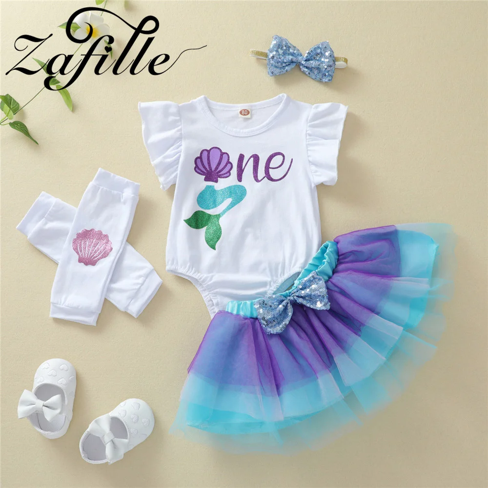 ZAFILLE 1st Birthday Girl Outfit Baby Set Letter Print Bodysuit+Princess Dress Party Kids Toddler Costume Cute Children Clothing