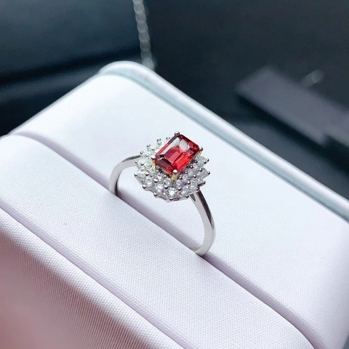 KJJEAXCMY fine jewelry 925 sterling silver inlaid Natural garnet Women's simple luxury square adjustable ring support check