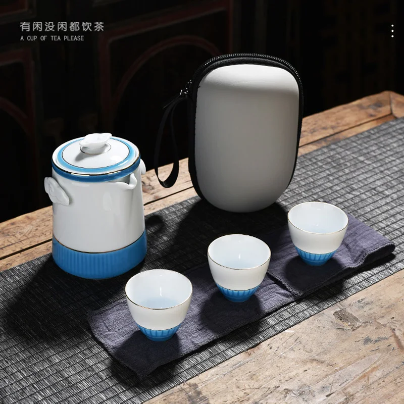 

HMLOVE 5pcs Chinese Kung Fu Tea Set White Ceramic Teapots With Porcelain Strainers 3 Cups Portable Travel Teaware Business Gift