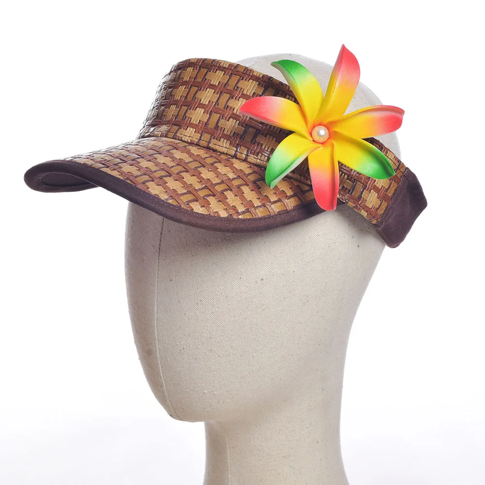 Free Shipping KN-hk006 24 pcs/lot Foam Plumeria Flower on Handmade Woven Sun Visor Trucker Hat Hawaii Women Summer Beach Caps