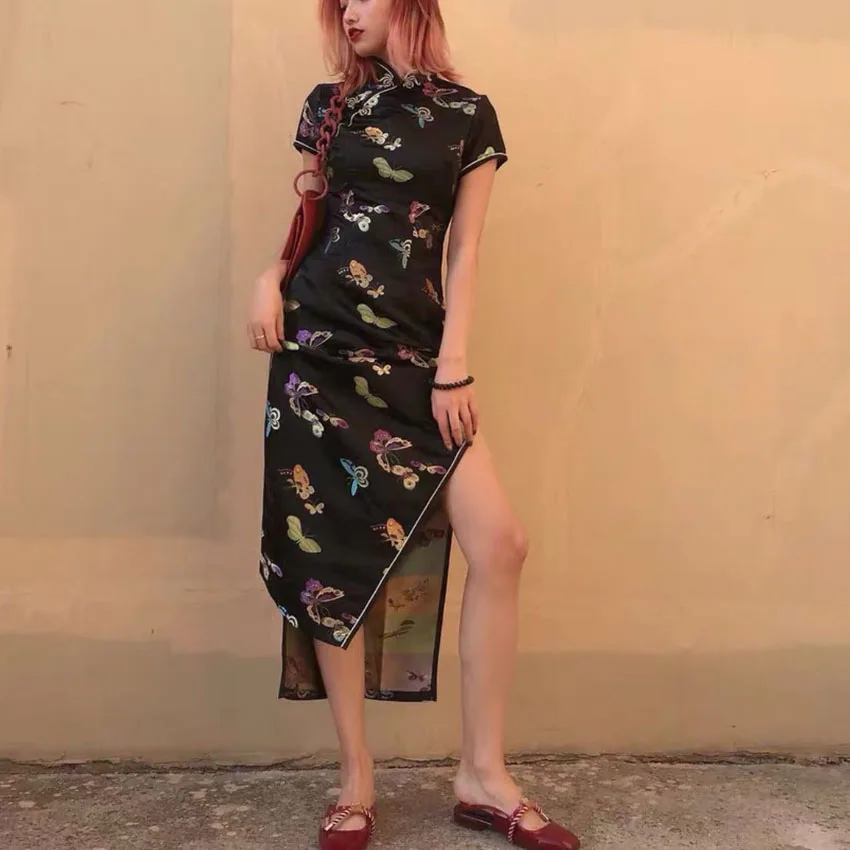 

Girls Gothic Sexy Split Cheongsam Dress Vintage Evening Party Vestido Chinese Style Elegant Embroidery Classic Qipao for Women