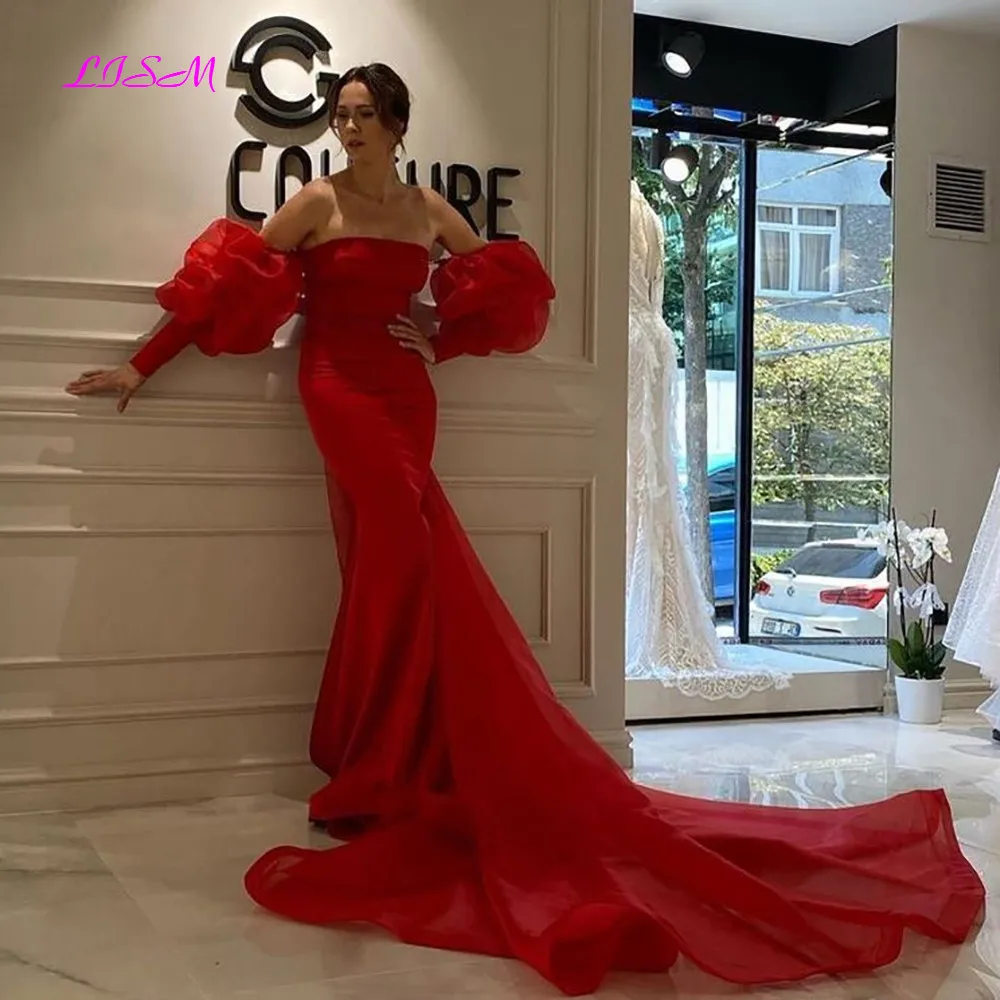 

Red Organza Mermaid Prom Dresses Off the Shoulder Puff Sleeves Formal Evening Gowns Long Detachable Train Party Dresses