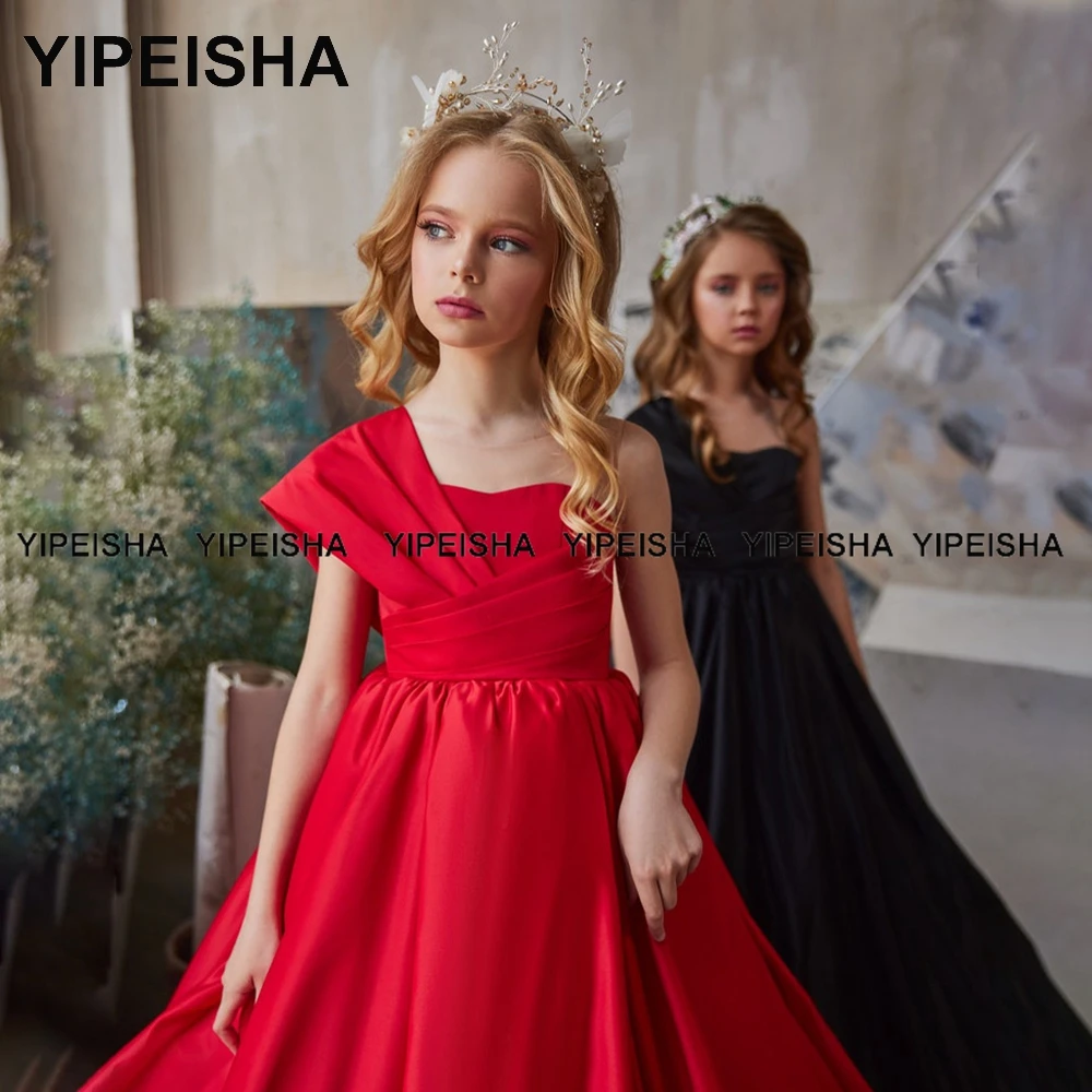 Yipeisha – robe à fleurs en Satin pour filles, sans bretelles, asymétrique, épaule dénudée, longueur au sol, tenue de bal pour enfants, noire, rouge, pour fête d'anniversaire