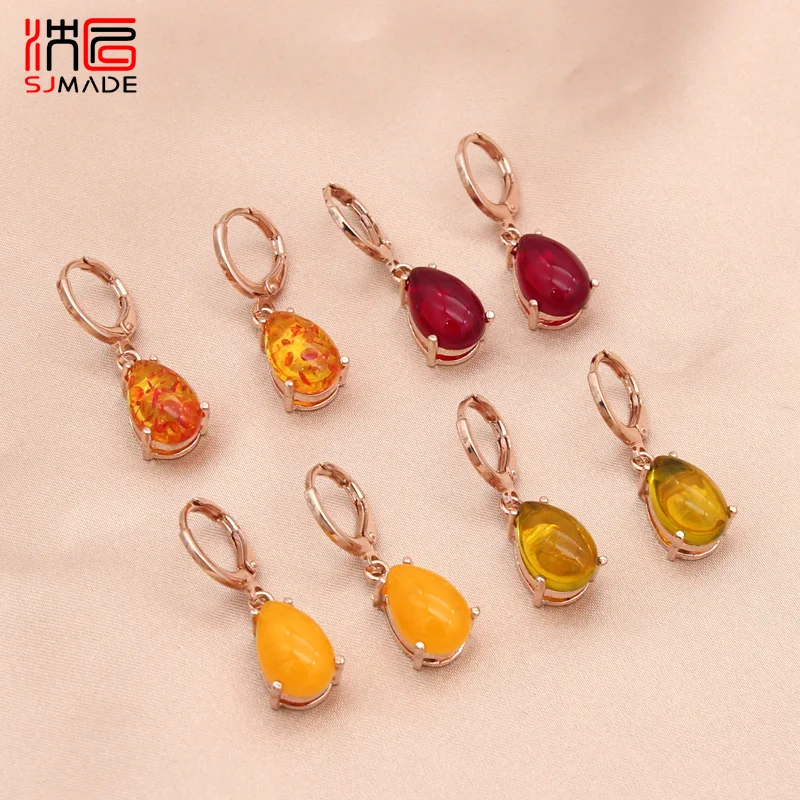 SHENJIANG New Water Drop Imitation Ambers Dangle Earrings For Women Girls Jewelry 585 Rose Gold Color Anti-allergy Eardrop