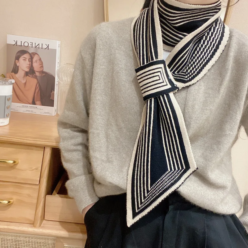 Knitted Wool Scarf  Fashion Small Ears Narrow Strip Pointed  Cross Warm Scarf luxury designer  bandanas