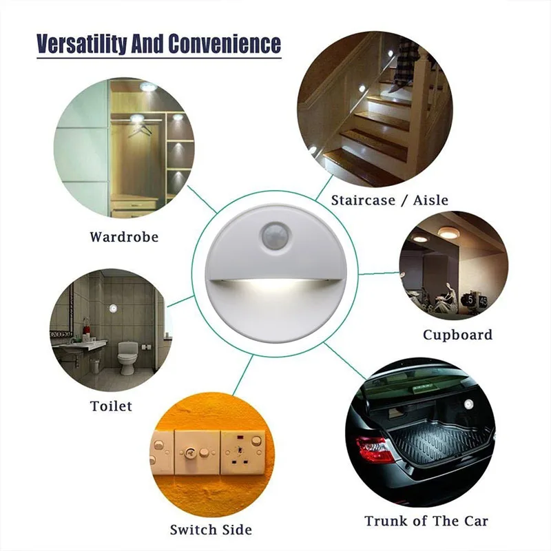 LED Round Cabinet Light PIR Motion Sensor Closet Light Automatic On/Off Battery Night Light For Cabinet Closet Kitchen Stairs