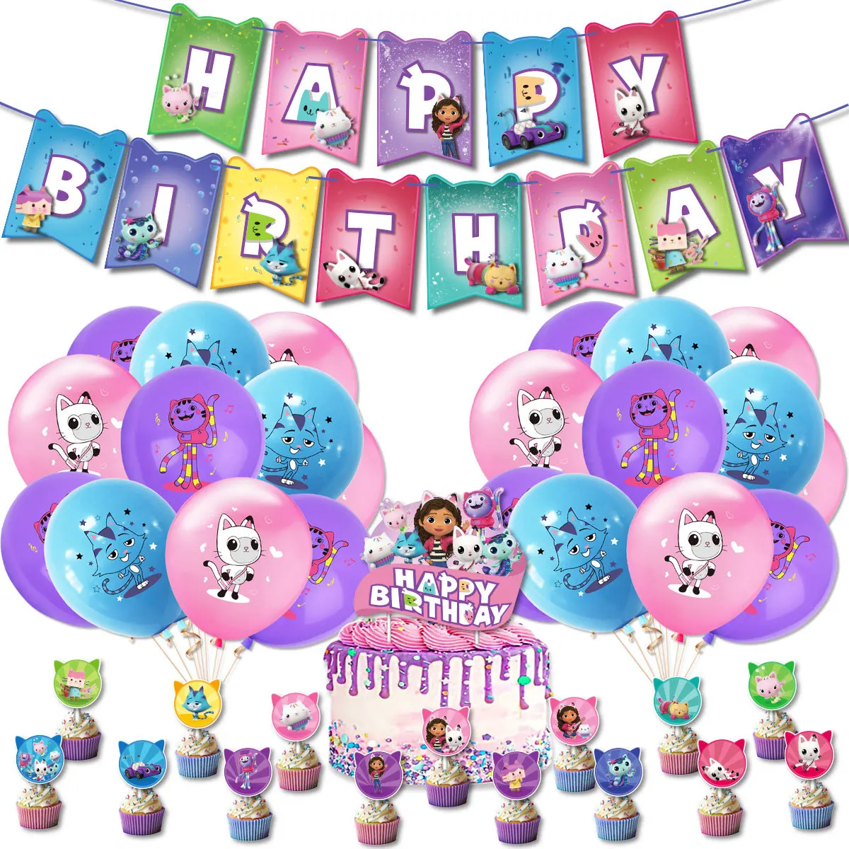 

Gabby Dollhouse Girls Cats Theme Balloons Party Supplies Happy Birthday Banner Latex Balloon Decoration Cake Topper Kids Toys