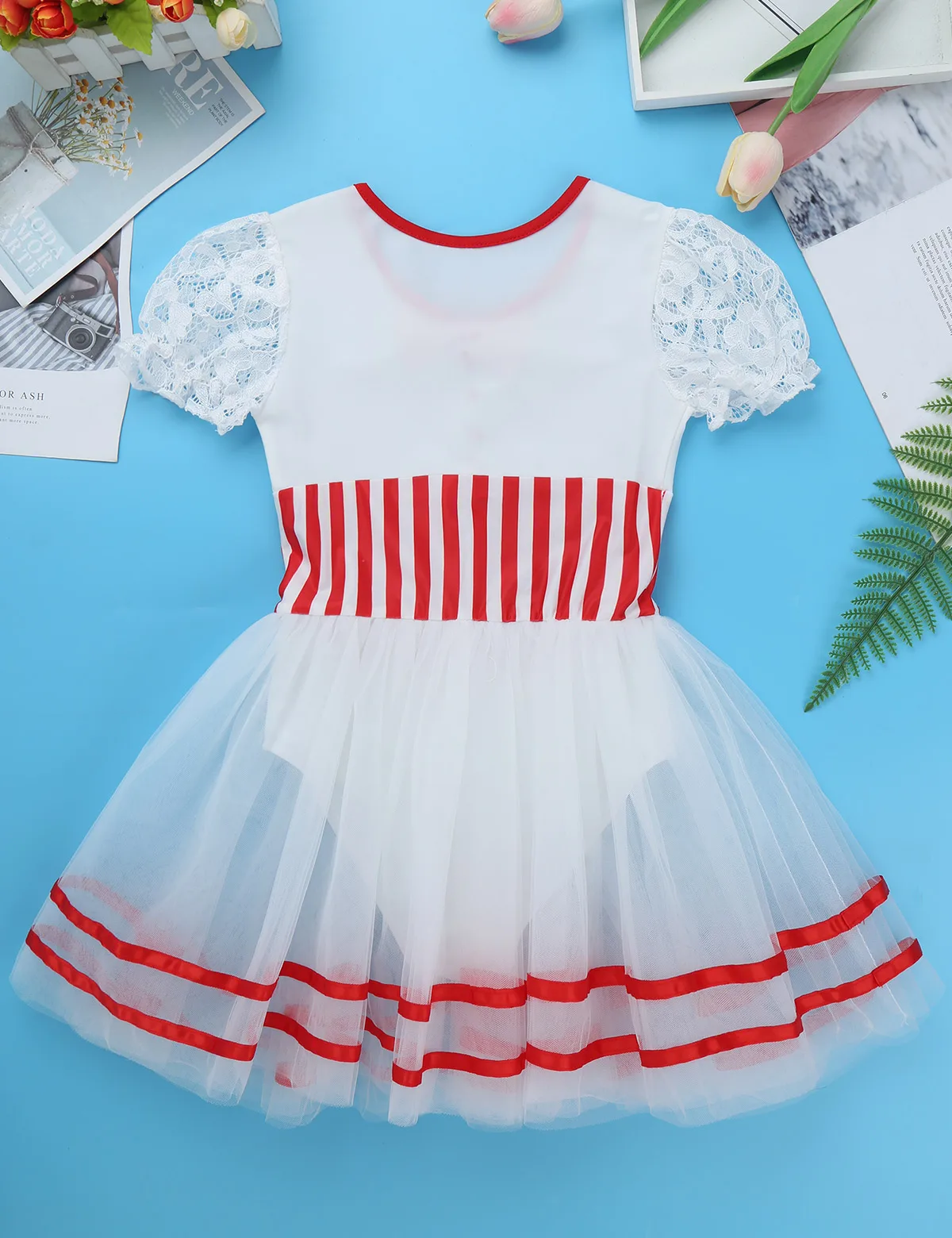 Kids Girls Puff Sleeve Candy Striped Ballet Dance Dress Tank Leotard Tulle Skirts Christmas Holiday Stage Performance Costume