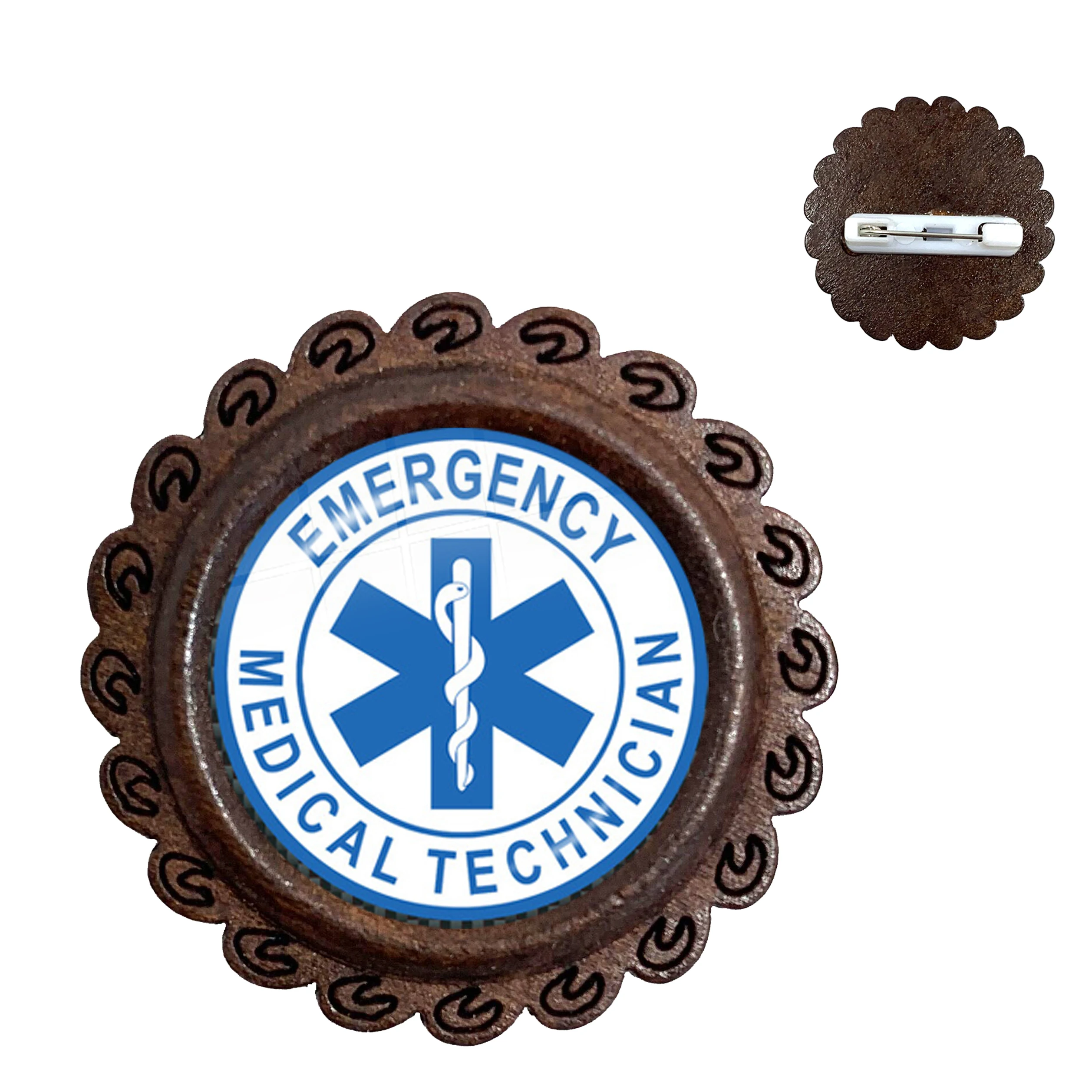 Emergency Medical Technician Paramedic Symbol Logo Wood Brooches Glass Cabochon Blue Star of Life EMT Sign Jewelry Collar Pins