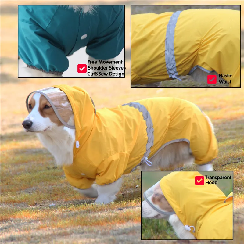 Pet Dog Raincoat for Corgi Dachshund Waterproof Dog Rain Jacket Light Weight Breathable 4 Feet Hooded Pet Rain Poncho Adjustable