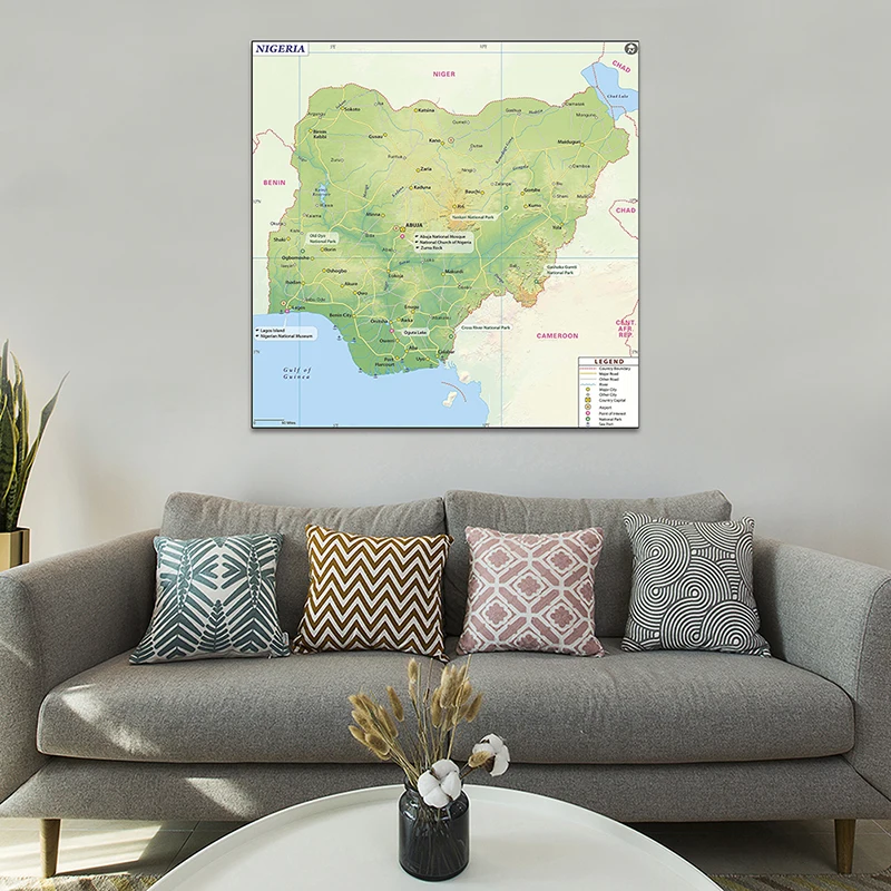 150*150cm The Nigeria Topographic Map Wall Art Picture Non-woven Canvas Painting Unframed Poster Study Supplies Home Decor