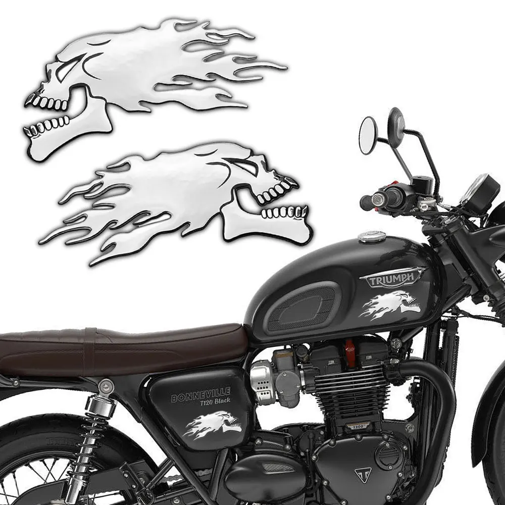 

3D Chrome Ghost Skull Head Retro Motorcycle Truck Helmet Tank Pad Stickers Flame skulls Decals For TRIUMPH Honda Davis