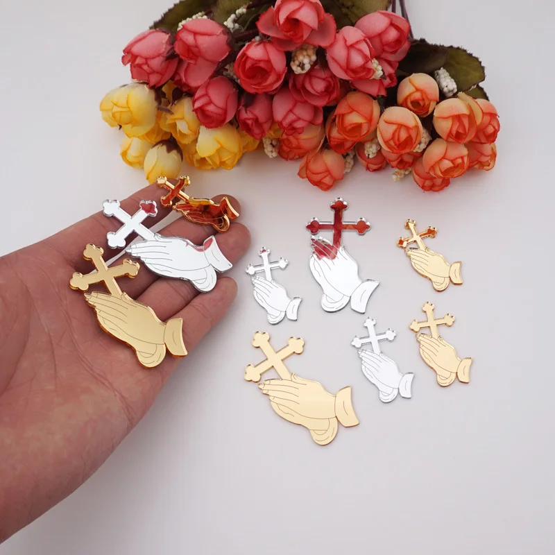 50pcs/Lot Creative Acrylic Mirror Prayer Tags with Cross Church Wedding Party Favors God Bless of The Lord's Prayer