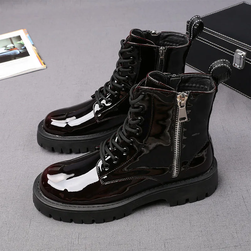 England style men\'s leisure autumn winter boots tide patent leather shoes handsome cowboy platform boot short botas zapatillas