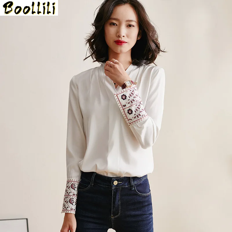 Boollili Real Silk Shirt Women Spring Autumn Women Blouses Korean Embroidery Vintage Shirts Women Blusas Mujer De Moda 2020