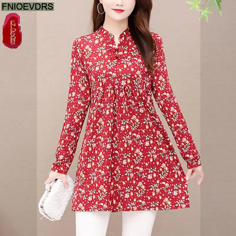 

L-5XL 2021 Winter Women Elegant Office Lady Vintage Loose Peplum Velvet Tops Flower Floral Print Long Tunic Basic Shirts Blouse