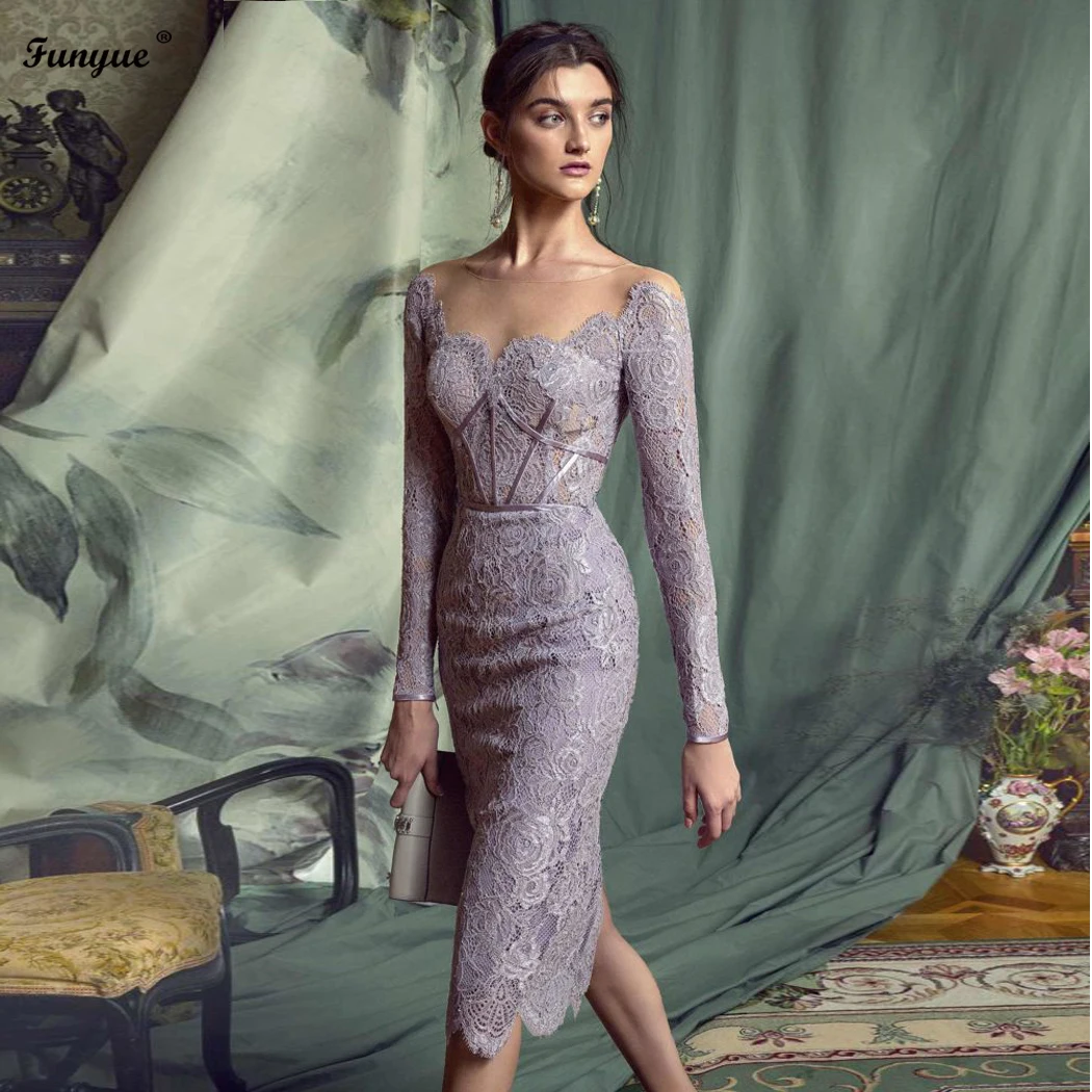 Purple Elegant Women Formal Evening Dresses 2024 Knee Length Lace Long Sleeves Prom Dress Vestido De Fiesta De Boda Party Gowns