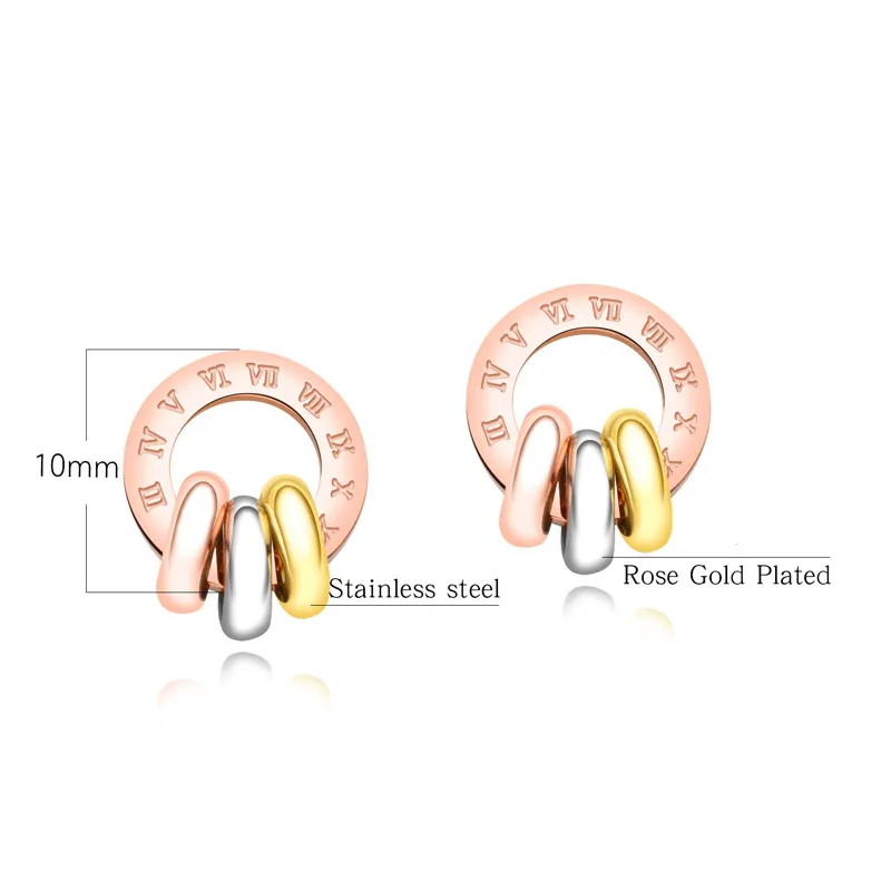 Luxury brand Rose Gold Color Roman Numerals Stainless Steel Stud Earrings For Women Girls Best Jewelry Gift Bjioux