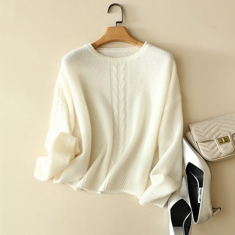 

5 gauge winter cable knit 100% cashmere sweater crewneck women's drop shoulder fashion warm knitwear female tops