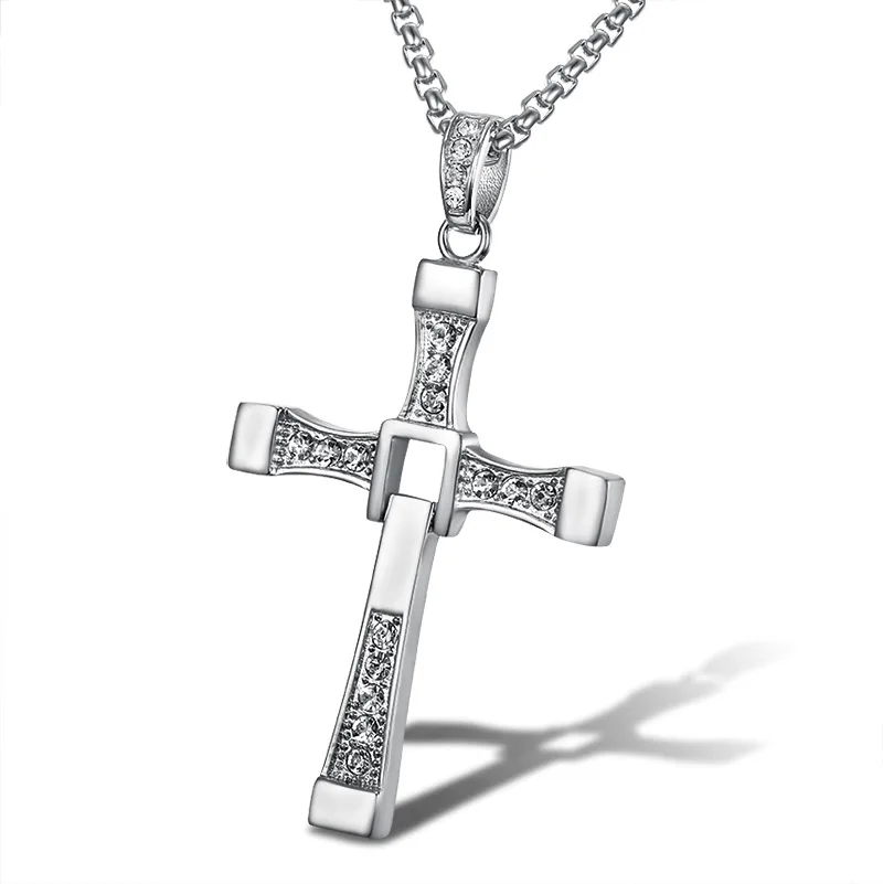 316L stainless steel Fast and Furious Movies Actor Dominic Toretto Rhinestone Cross Crystal Pendant Chain Necklace Men Jewelry